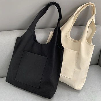 Дамски пазарски чанти платно Commuter жилетка чанта памучен плат бял черен серия супермаркет хранителни чанти голяма пазарска чанта училище чанта