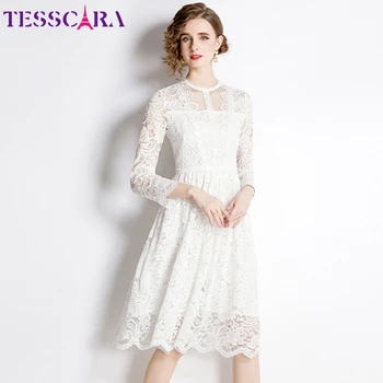TESSCARA жени елегантна бяла дантелена рокля високо качество сватбен коктейл парти халат реколта дизайнер черен A-Line Vestidos