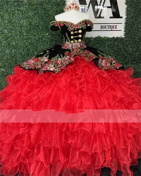 Реколта мексикански бродерия Quinceanera рокли с лък черно и червено топка рокля рожден ден рокля на разстояние от рамото дантела нагоре сладък 16