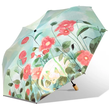 Реколта флорални жени дъжд чадър сладък котка с цветя три сгъваеми момиче трайни преносими чадъри неавтоматични дъжд съоръжения