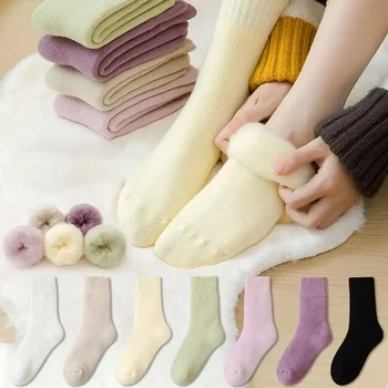 Жените зимни термични сгъстяване топла вълна чорап ботуши плътен цвят пухкав средата тръба женски удобен дом сън меки трайни етаж чорап