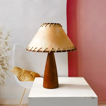 ZK50 Ретро масивна дървена настолна лампа проста ръчно изработена антипергаментна абажур спалня декоративно осветление нощна лампа E27