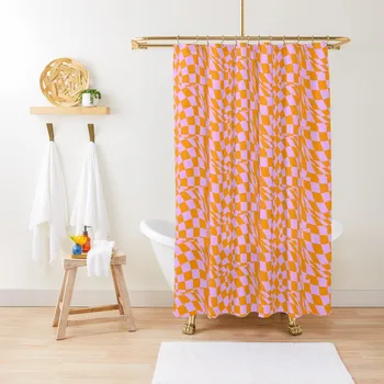 Pastel Orange Pink Warped CheckerboardДуш завеса в банята душ за баня Cover Set за баня