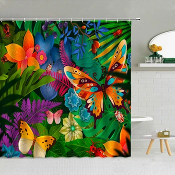 Цветни пеперуди душ завеси цвете растение зелени листа насекоми дете баня декор водоустойчив плат завеса комплект с куки