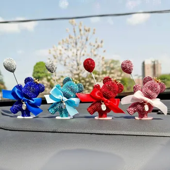 Car Mini Creative Personalized Cartoon Diamond Incruted Version Little Bear With Balloon Adhesive Decor Auto Interior Accessories