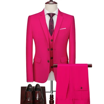 16 цвята (яке + жилетка+ панталони) Висок клас марка официален бизнес мъжки костюм от три части младоженец сватбена рокля плътен цвят костюм 6XL