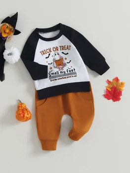 Baby Girls Halloween Clothes Pumpkin Print Long Sleeve Dress and Headband Set for Infant 2 Piece Outfits