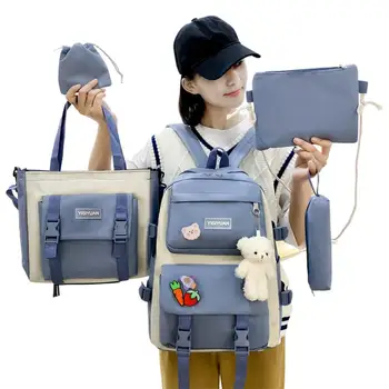 Детска раница комплект за училище 5-в-1 училищни книжни чанти комбо, включително раница молив торбичка малка чанта за съхранение чанта малка чанта