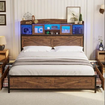 Farmhouse Full/Queen Bed Frame with Storage Drawers&LED Lights Рустикална платформа Легло, двойни легла за възрастни и юноши, единично легло