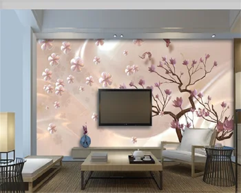 Персонализиран тапет свеж арт розово цвете орхидея дърво нефрит дърворезба 3D луксозен хол диван TV фон стена дома стенопис behang