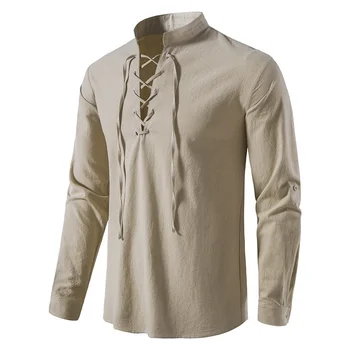 Туристически ризи Мъжка ежедневна блуза Памучна ленена риза върхове дълъг ръкав тениска наклонена фуста реколта йога ризи