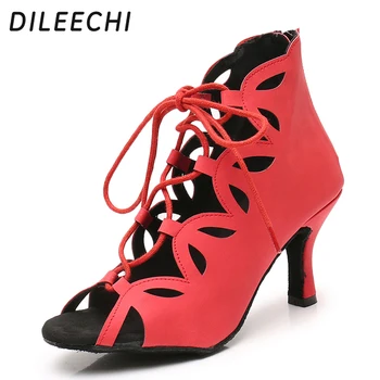 DILEECHI 2023 Червени обувки за латино танци с каишка и цип на гърба, 7.5 пета мека подметка вътрешна