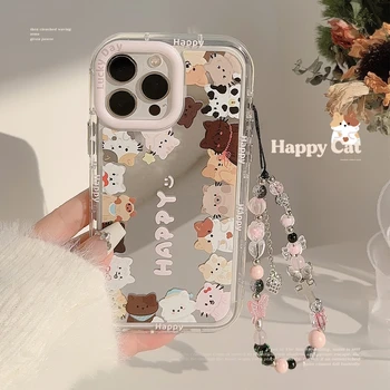 Сладък карикатура котка розова пеперуда мъниста гривна щастлив телефон случай за iPhone 15 Pro Max 14 13 Pro Max 12 Pro 11 XS XR корейски капак