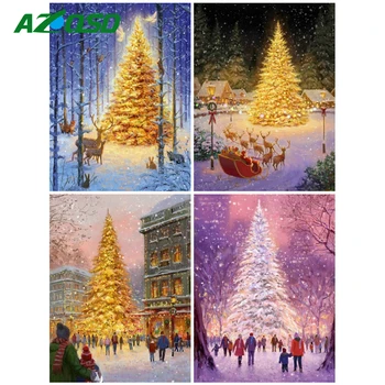 AZQSD оцветяване по номера Коледно дърво Цифрова живопис върху платно Зимен пейзаж Акрилна боя Ръчно рисувана DIY подарък стена изкуство