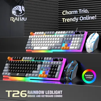 RAIKU T26 кабелен 104 клавиша мембрана клавиатура и мишка костюм видове цветно осветление игри и офис за Windows и IOS