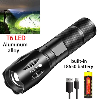 Мощен T6 LED фенерче супер ярка алуминиева сплав преносим факел USB акумулаторна външна къмпинг тактическа светкавица