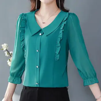 Lotus Leaf Green шифон риза пролет лято мода блуза 2023 корейски стил намали яка дълъг ръкав риза за жени