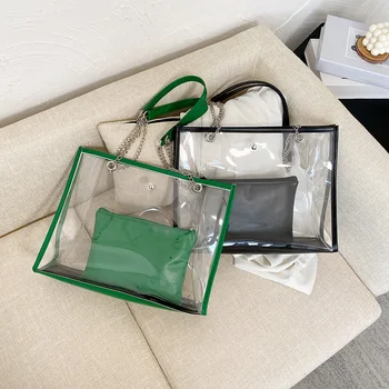 Лято прозрачен PVC жени мода голям капацитет подмишниците рамо чанти дами ежедневни пазаруване чанти 2бр композитни чанти