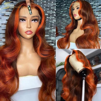 Ombre Orange Highlight 360 Full Lace Frontal Wig HD Body Wave Color 13x4 Lace Front Human Hair Wigs Water Wave Preplucked Ginger