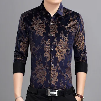Мъжки ежедневни копринени ризи Официални флорални завой надолу яка Черна синя кадифена риза Slim Fit цвете модел ризи есен пролет