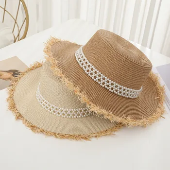 Малка ароматна сламена шапка за жени с голям слънцезащитен крем с голяма периферия Шапка за слънце, ретро кожа с периферия морска ваканционна шапка за слънце