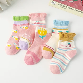 Принцеса момичета Ruffle меки памучни чорапи прекрасен черешов цвят Бродерия чорапи Полихроматични пролетни есенни деца топли ленти чорапи