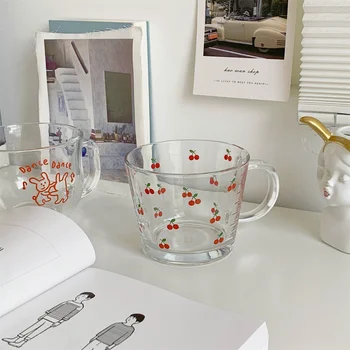 Отпечатано прозрачно творческо стъкло Кафе Чай Напитки Десерт Закуска Мляко Чаша Стъклени чаши Дръжка Съдове за пиене