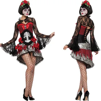 Нов възрастен скелет Ден на мъртвите костюм Жените секси захар череп Диа цвете фея Хелоуин призрак вампир булка фантазия рокля