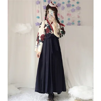 момичета японски стил ретро кимоно юката дълъг ръкав парти рокля жена флорални самурай върхове халати лък колан пола Haori облекло