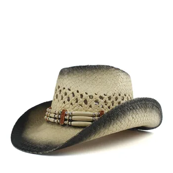 Жени Мъже Сламена куха Западна каубойска шапка Дама Roll Up Brim Sombrero Hombre Beach Cowgirl Jazz Sun Hat Размер 56-58CM