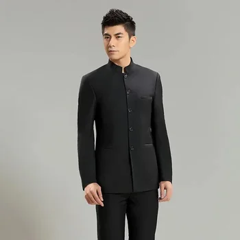 Fashion Black Zhongshan Мъжки костюм от две части (яке + панталони) Slim Fit и красив мъжки ежедневни ежедневни дрехи Trajes De Hombre