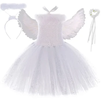 Блестящо чисто бяло Ангел Туту рокля Перо крило пръчици Екипировки фантазия детски рокли Ангелски костюм за момичета Дрехи за рожден ден