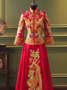 Китайска традиционна рокля Червена сватбена рокля Дълга вечерна рокля Бродерия Cheongsam облекло размер 3XL 4XL