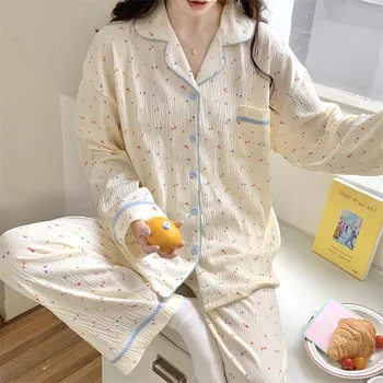 пижама комплекти за жени Муселин пижама Femme пролет точка отпечатани пижама Feminino сладък спално облекло Великден