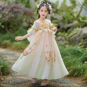 Летен китайски стил Традиционна флорална бродерия Рокли Детска фея Древен костюм Детски косплей Народни танци Ханфу