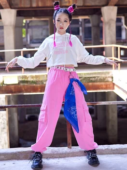 Модерни танцови дрехи момичета хип-хоп костюм бели кроп върхове розови панталони мода деца улично облекло концерт джаз танц облекло BL9668