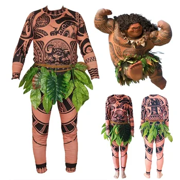 Моана Мауи татуировка косплей костюм Мауи татуировка T риза панталони чорапогащи комплекти Хелоуин възрастен мъжки детски костюм смешни екипировки